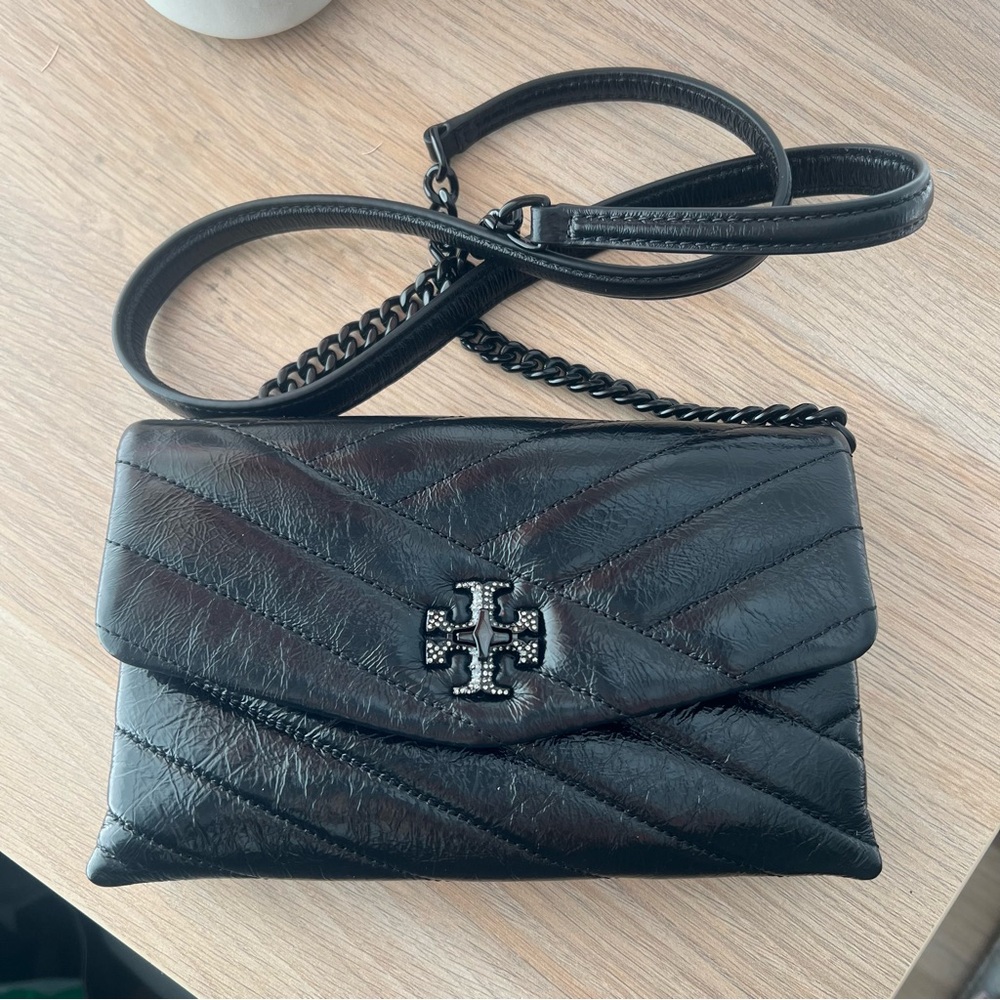 Tory Burch Kira Chevron Metallic Pave Logo Chain Wallet NEW